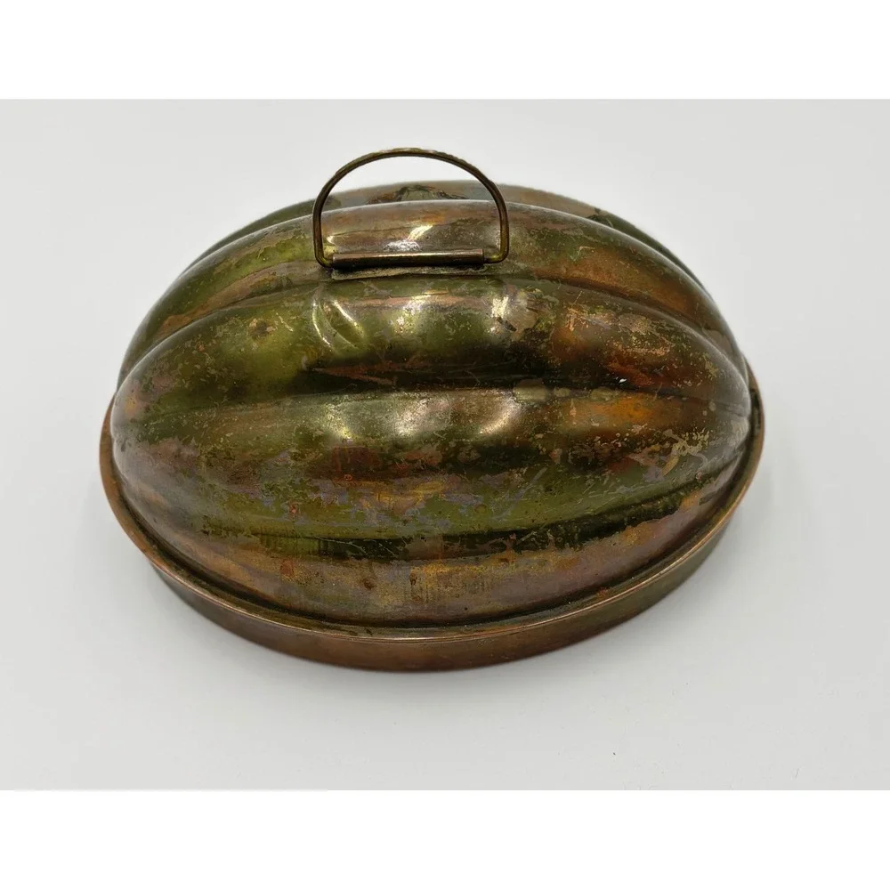 Antique Kreamer Copper Melon Mold Two Piece Lidded Fluted, Tin Lined